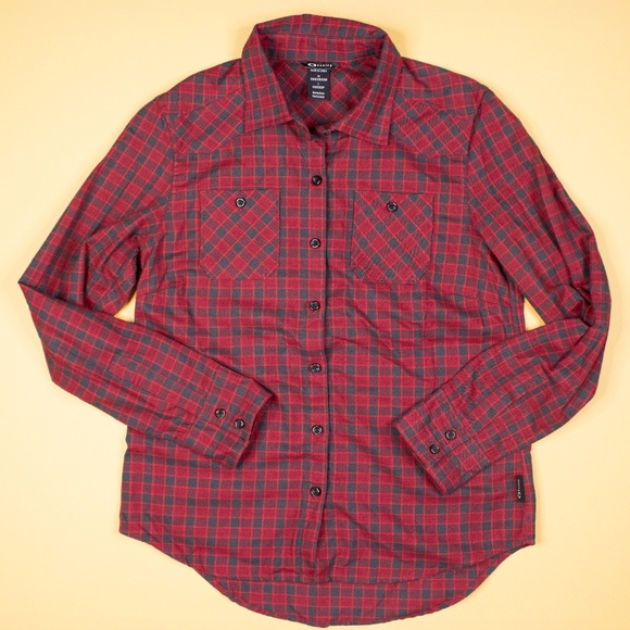 Oakley Red Grey Plaid Flannel Button up Shirt Men's Size M - Picture 1 of 7